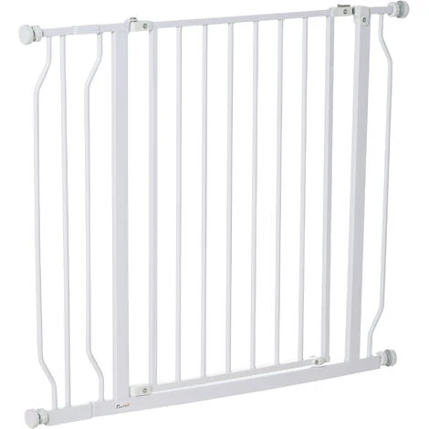 PawHut Barrière De Sécurité Animaux - Longueur Réglable Dim. 75-95 Cm - Porte Double Verrouillage, Ouverture Double Sens -sans Perçage - Acier ABS Blanc