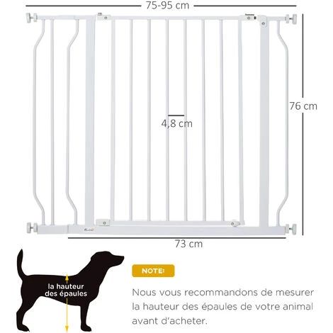 PawHut Barrière De Sécurité Animaux - Longueur Réglable Dim. 75-95 Cm - Porte Double Verrouillage, Ouverture Double Sens -sans Perçage - Acier ABS Blanc – Image 3