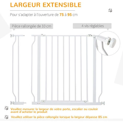 PawHut Barrière De Sécurité Animaux - Longueur Réglable Dim. 75-95 Cm - Porte Double Verrouillage, Ouverture Double Sens -sans Perçage - Acier ABS Blanc – Image 5