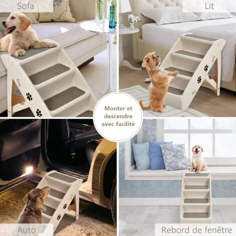 COSTWAY Escalier Pour Chien Pliant à 4 Marches En Plastique Charge 60KG 64 X 39 X 49 Cm Feutre Doux Chiens Et Chats Beige – Image 2