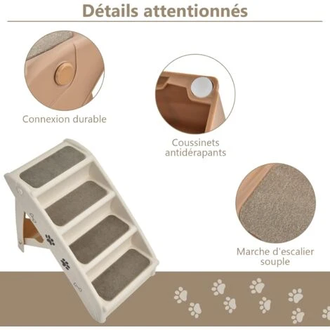 COSTWAY Escalier Pour Chien Pliant à 4 Marches En Plastique Charge 60KG 64 X 39 X 49 Cm Feutre Doux Chiens Et Chats Beige – Image 4