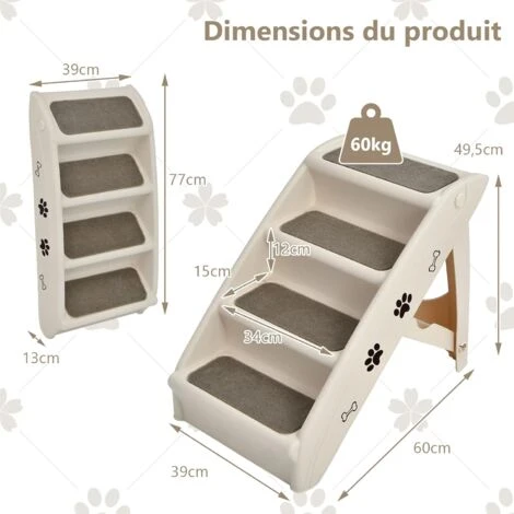 COSTWAY Escalier Pour Chien Pliant à 4 Marches En Plastique Charge 60KG 64 X 39 X 49 Cm Feutre Doux Chiens Et Chats Beige – Image 5