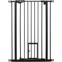 PawHut Barrière De Sécurité Animaux - Longueur Réglable Dim. 74-80 Cm - Porte Double Verrouillage, Ouverture Double Sens, Petite Porte -sans Perçage - Acier Plastique Noir