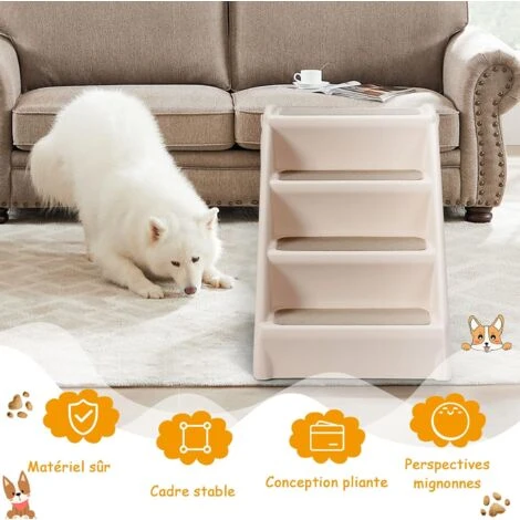 GOPLUS Escalier Pliable Pour Animaux/Chien/Chat, Escalier En Plastique Avec 4 Marches, Feutre Confortable Et Coussinets Antiderapants, Charge Max 60KG (Beige) – Image 2