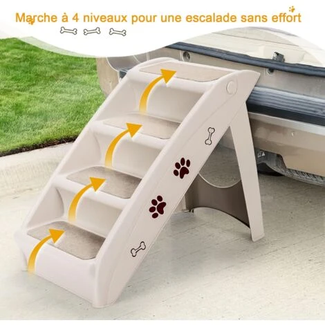GOPLUS Escalier Pliable Pour Animaux/Chien/Chat, Escalier En Plastique Avec 4 Marches, Feutre Confortable Et Coussinets Antiderapants, Charge Max 60KG (Beige) – Image 3