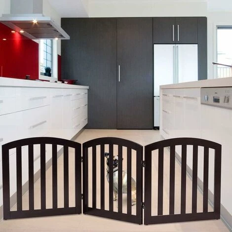 COSTWAY Barrière Pour Chien Sécurité En Bois Pliable Autoportante 3 Pans 184,5 X 61CM Pour Maison, Entrée De Porte, Escaliers Marron – Image 3
