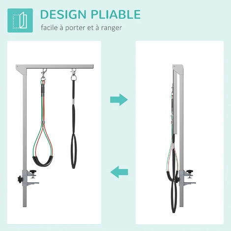 PawHut Bras De Toilettage Pliable Animaux - Hauteur Réglable Max. 74 Cm - 3 Colliers De Serrage - Chien Taille Moyenne - Alu. Acier Inox. – Image 4