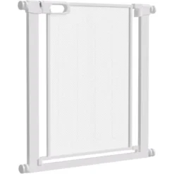 PawHut Barrière De Sécurité Animaux - Longueur Réglable Dim. 75-82 Cm - Porte Double Verrouillage, Ouverture Double Sens -sans Perçage - Acier ABS Blanc