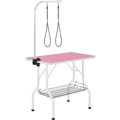 Yaheetech Table De Toilettage Pour Chien/Chat/Animaux De Companie Pliante Avec Potence Réglable 2 Sangles Une Panier De Rangement Et Surface Travail Plus Large Antidérapente Capacité 100kg Rose