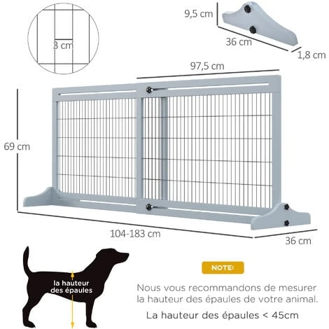 PawHut Barrière De Sécurité Chien Barrière Autoportante Longueur Réglable Dim. 104-183L X 36l X 69H Cm Bois Pin Gris Acier Noir – Image 3