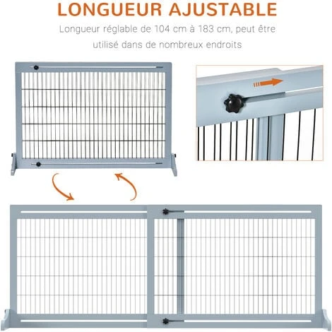 PawHut Barrière De Sécurité Chien Barrière Autoportante Longueur Réglable Dim. 104-183L X 36l X 69H Cm Bois Pin Gris Acier Noir – Image 4