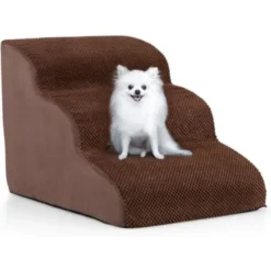 GOPLUS Escalier Pour Chien Chat à 3 Marches, 42 X 58 X 40 Cm, En Éponge Haute Densité, Rampe Avec Fond Antidérapant, Couverture Lavable, Jusqu’à 30 Kg, Marron