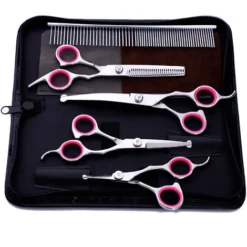 Ensemble De Ciseaux De Toilettage Pour Chien En Acier Inoxydable Avec Pointe Ronde De Sécurité, Ciseaux Droits, Ciseaux à Effiler Incurvés Et Peigne De Toilettage Pour Chiens Et Chats