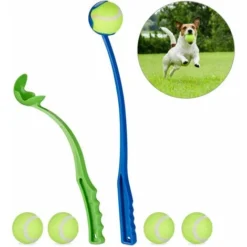 Lanceur De Balle Pour Chiens, Lanceur De Balles En Lot De 2, 5 Balles De Tennis Inclues, Pour Chien, Bleu/vert