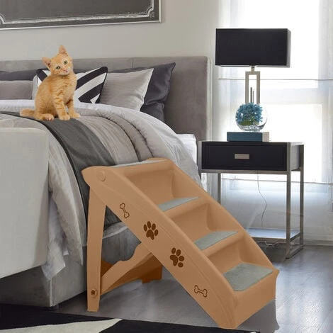 Escaliers Pour Chien,4 Marches,Pliable,Avec Tapis Antidérapant Et Barre De Soutien Pour Petits Et Grands Chiens Et Chats,Marron HENGMEI – Image 4